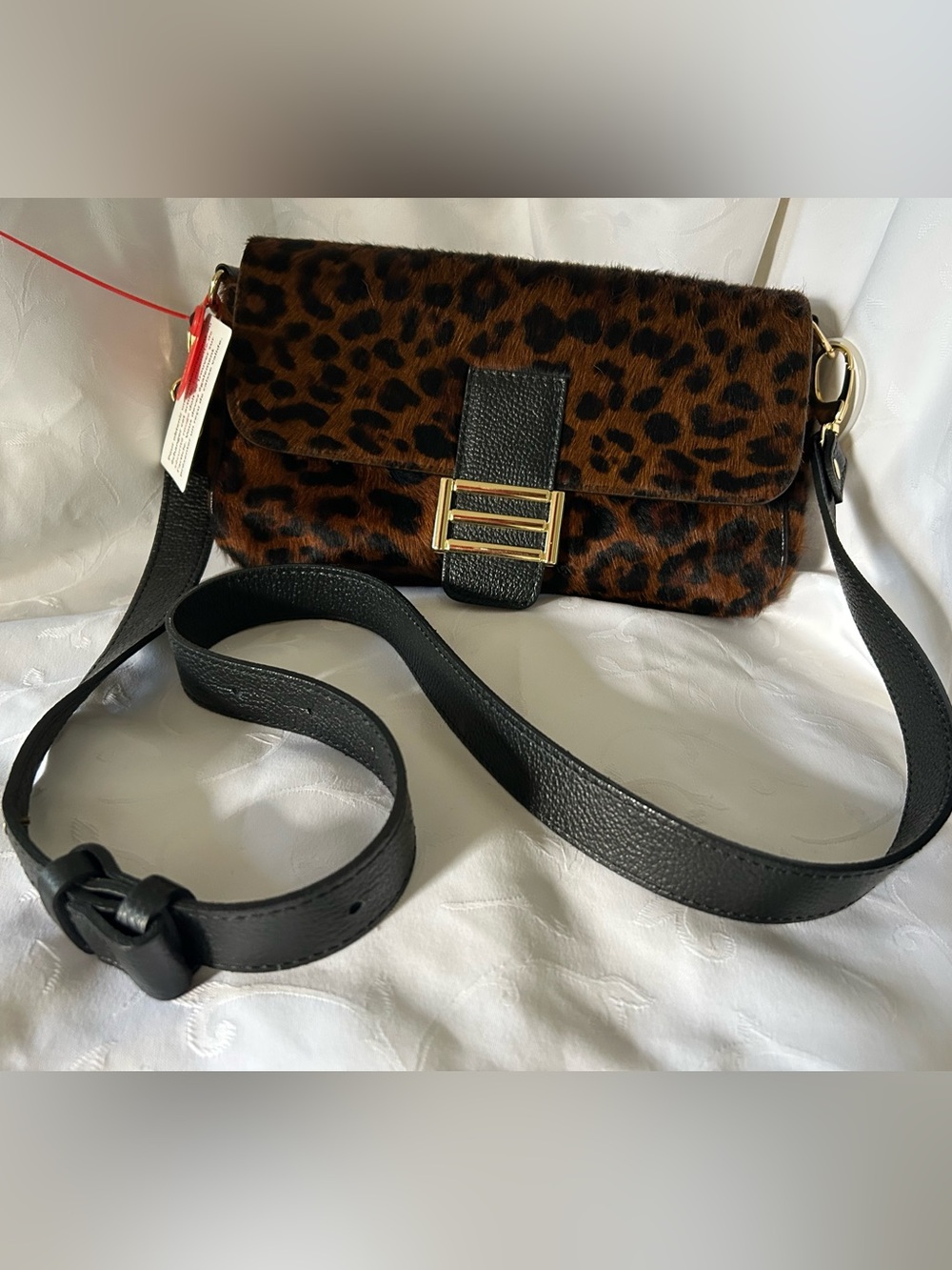 Leopard Print leather shoulder Bag with adjustable Black Strap